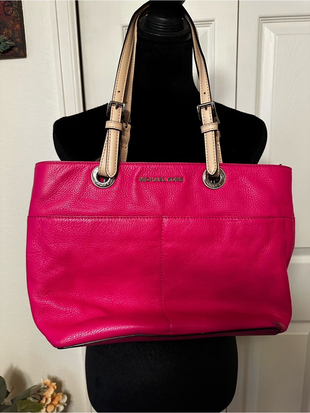 Michael Kors Hot Pink Leather Shoulder Tote with Cream Straps